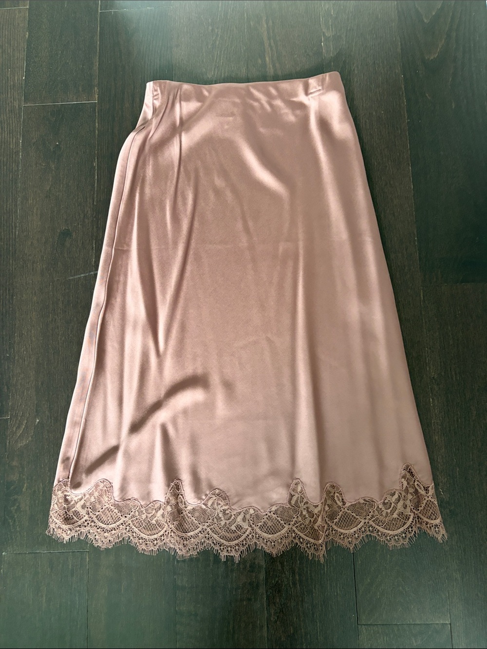 H&M Rose Pink Satin Lace Trim Midi Skirt - NWT Size XS